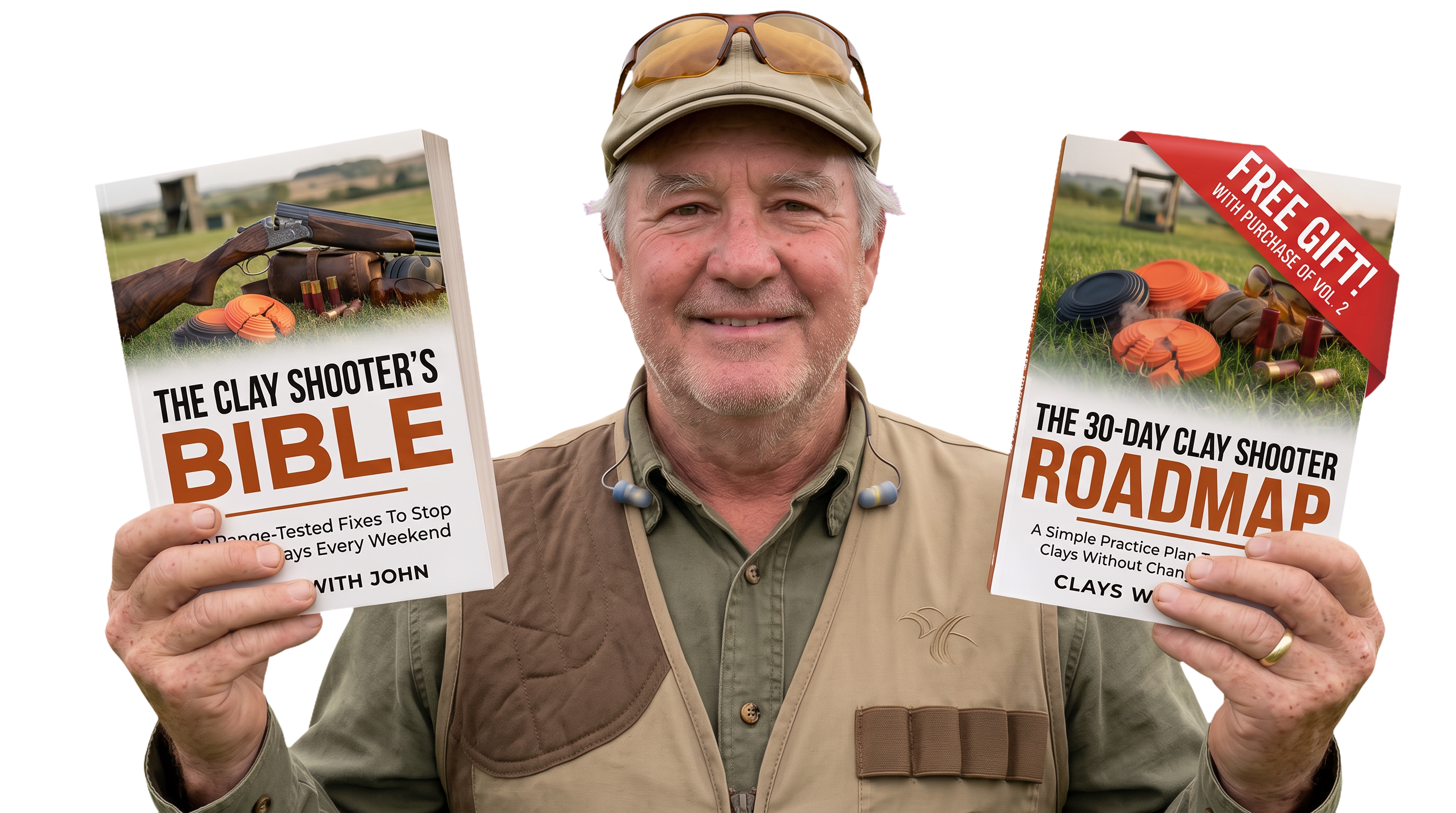 Both clay shooting books bundled together with shotshells on a shooting stand
