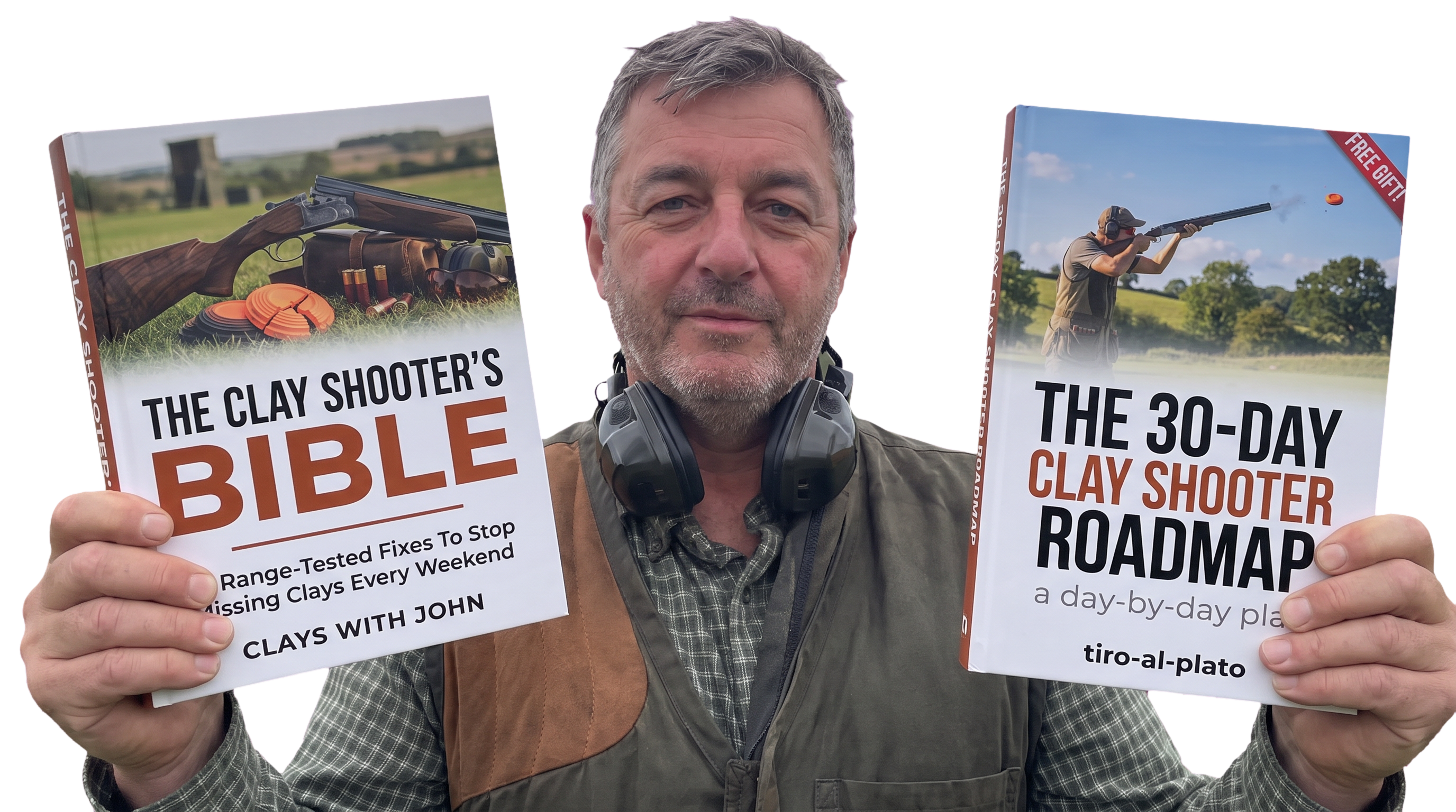 The Clay Shooter's Bible book cover next to a shotgun and broken clay targets